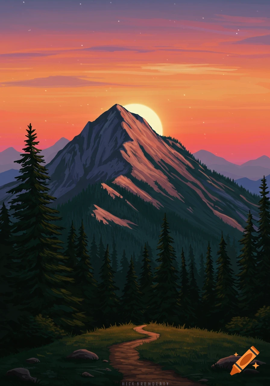 A stylized landscape of a mountain at sunset with a forest