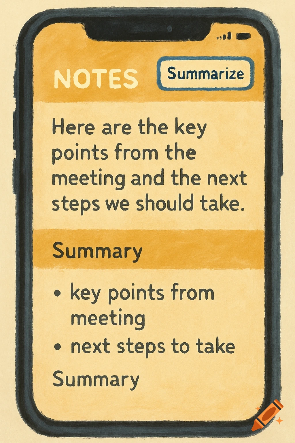 Illustration of a phone screen displaying notes and a meeting summary.