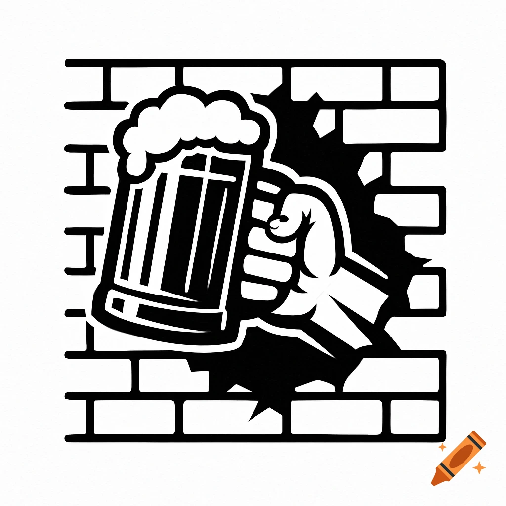 Black and white logo of a hand holding a beer mug breaking through a brick wall