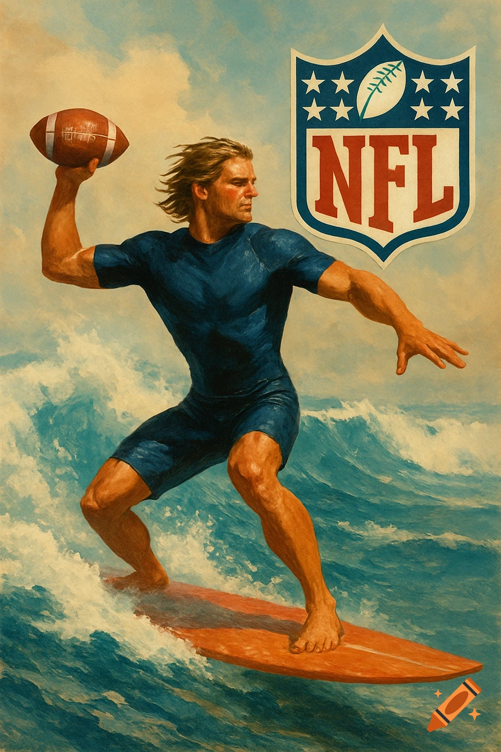 A man surfs a wave while throwing a football, with an NFL logo in the corner. Painted style.