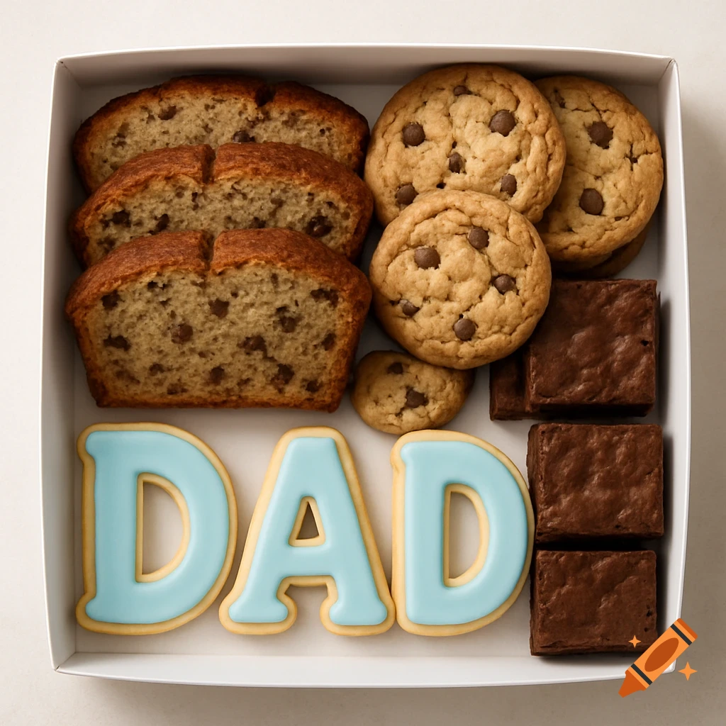 A white box filled with banana bread slices, chocolate chip cookies, brownies, and sugar cookies spelling DAD.