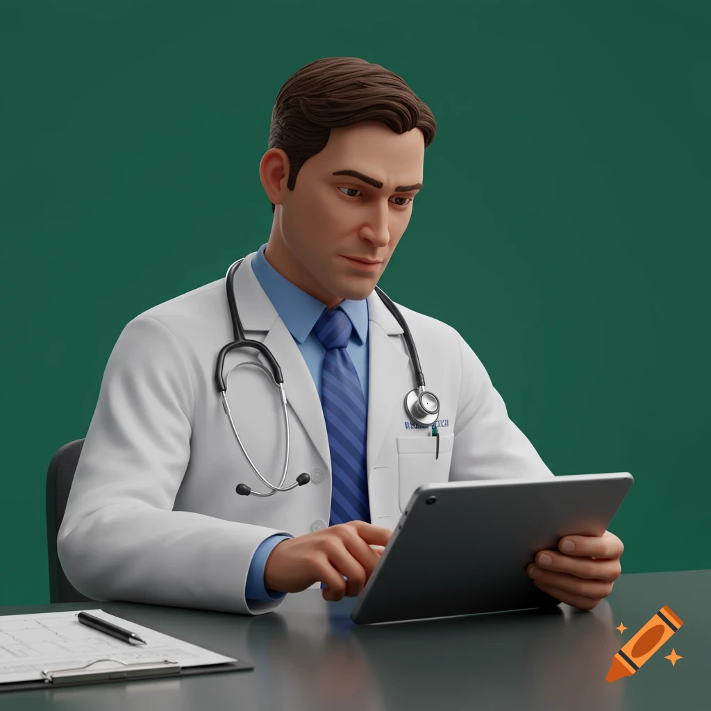 Animated male doctor in lab coat looking at tablet at desk.