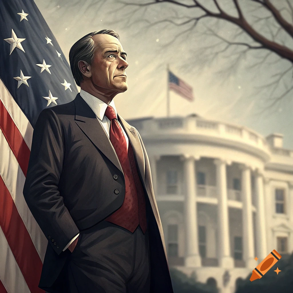 Illustration of a man in a suit standing in front of the White House and an American flag
