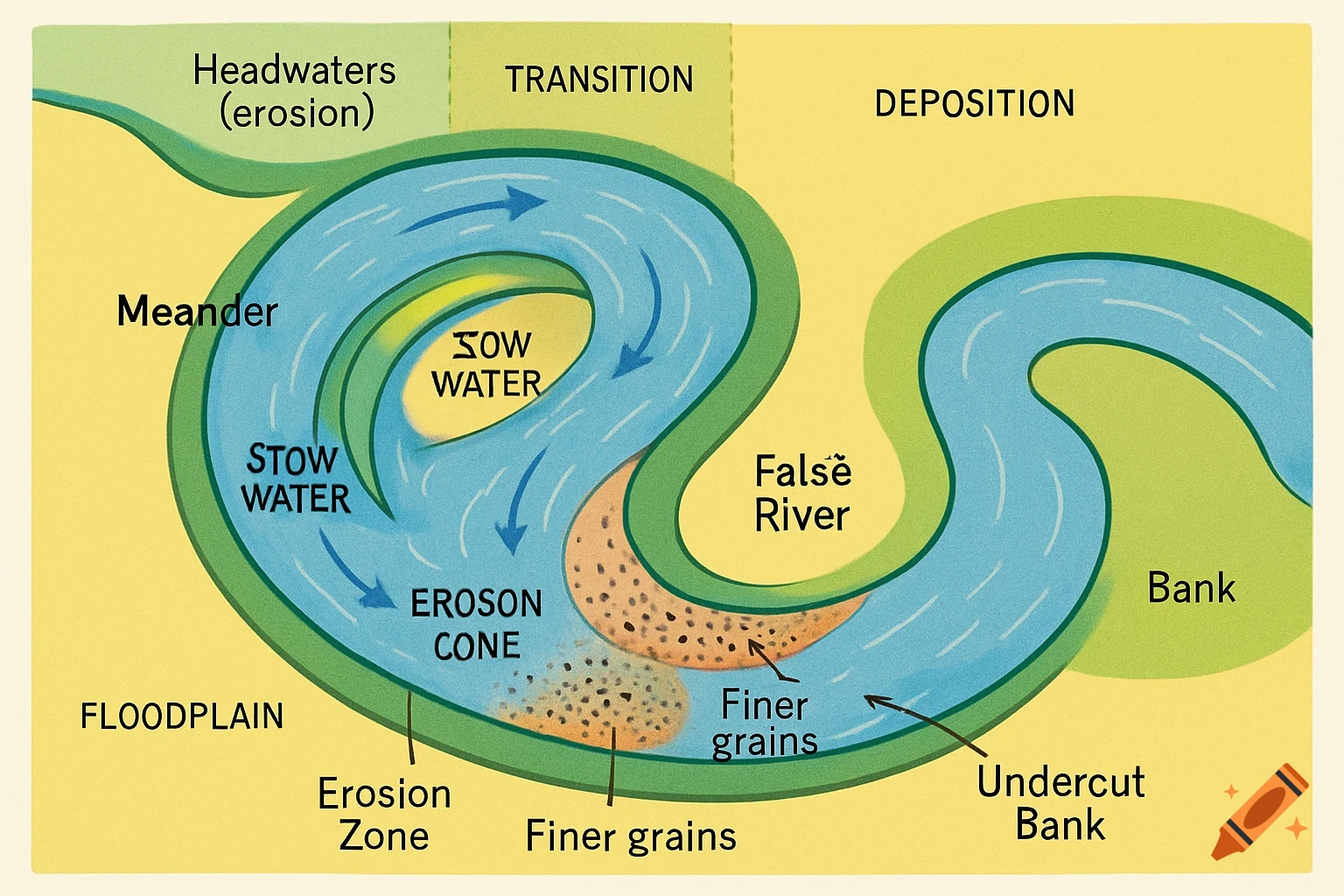 Diagram of river meander with labels showing erosion, deposition, and floodplain.