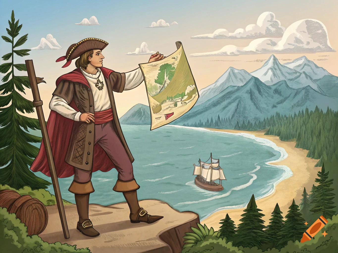 A man in historical clothing stands on a cliff holding a map, overlooking a bay with a ship and mountains. Illustration.
