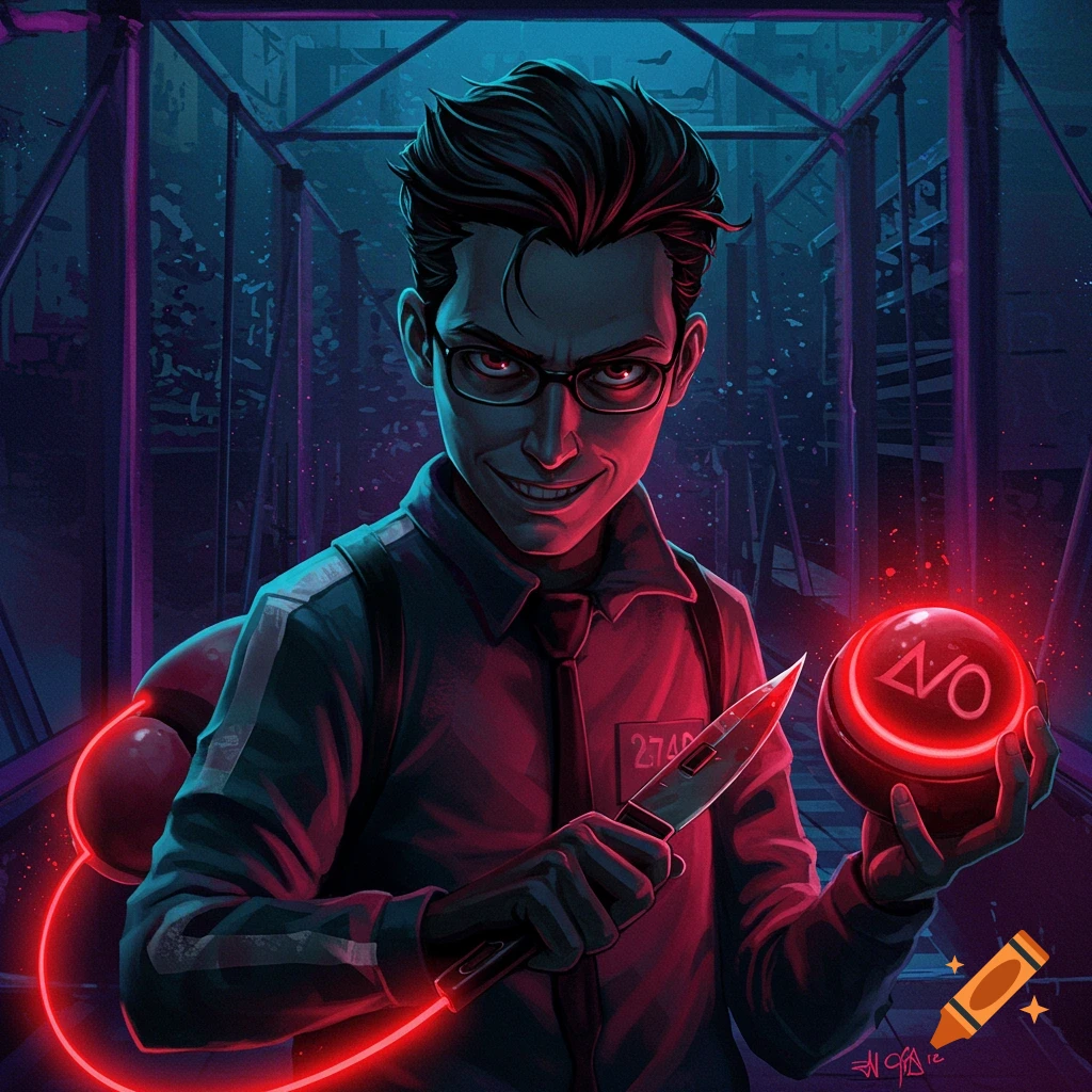 Illustrated villain holds knife and red glowing orb in neon-lit corridor.