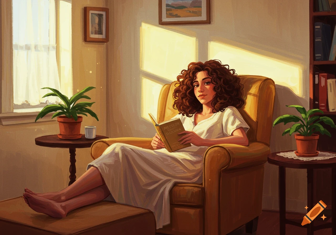 A painted image of a woman with curly hair reading a book in a chair near a sunny window.