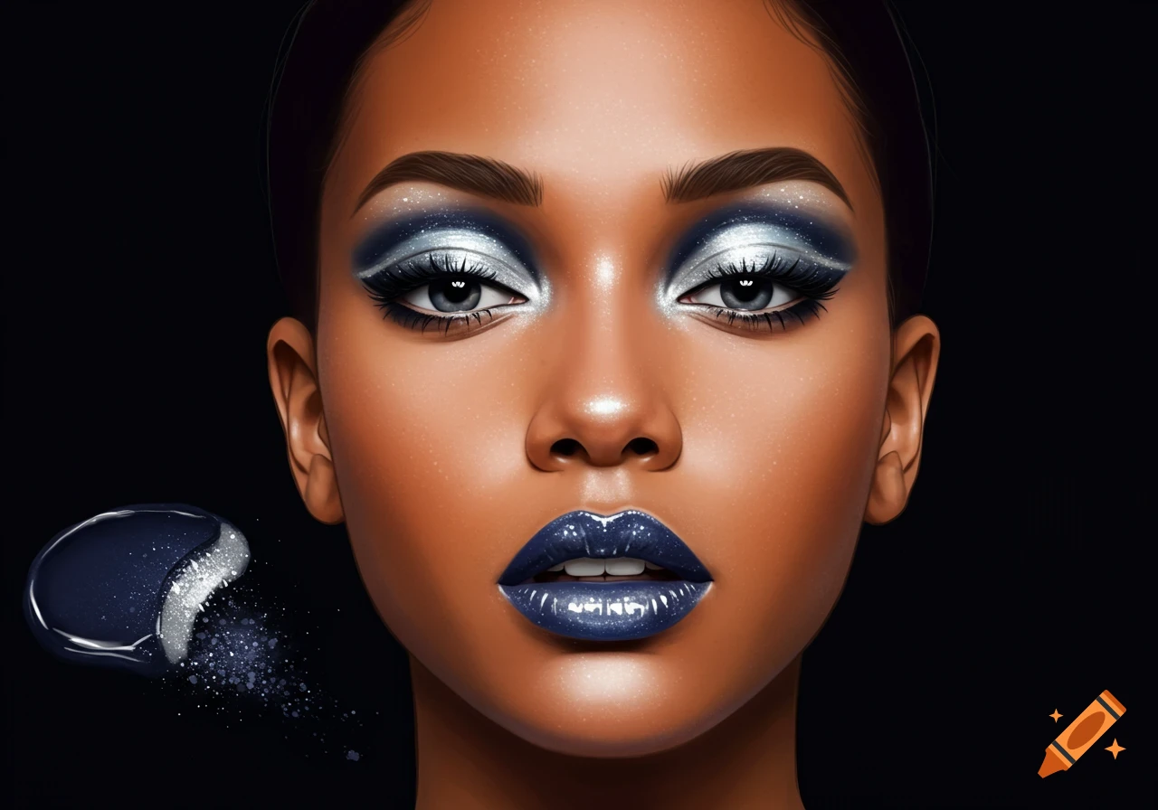 Close-up illustration of a woman with glittery silver and dark blue eye makeup and blue lipstick, next to a makeup swatch.