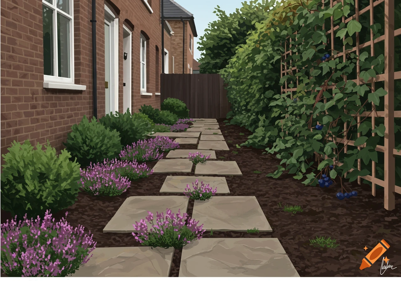 An illustration of a garden path with flagstones, flanked by green bushes and purple flowers, leading towards a brick house. A trellis with vines is on the right.