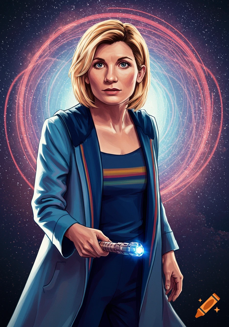 Illustration of the Thirteenth Doctor holding a sonic screwdriver in front of a time vortex