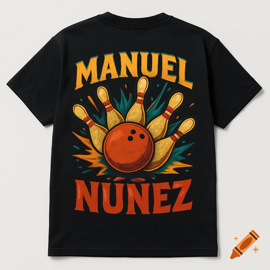 Black t-shirt with a bowling ball hitting pins and text 'MANUEL NÚÑEZ'