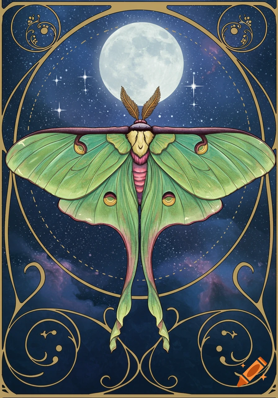 Art Nouveau illustration of a green luna moth under a full moon with stars and gold decorative borders.