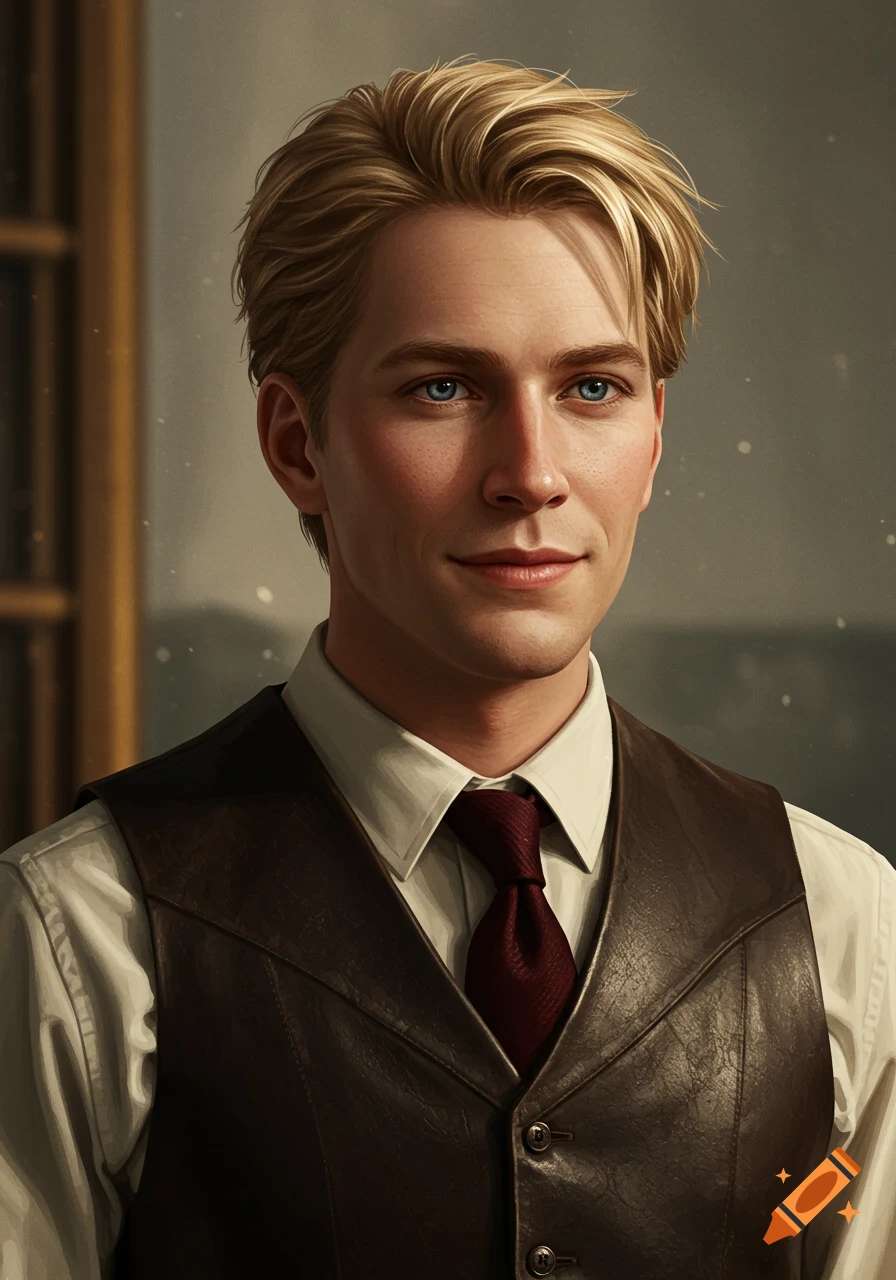 Realistic portrait of a young blond man wearing a vest and tie