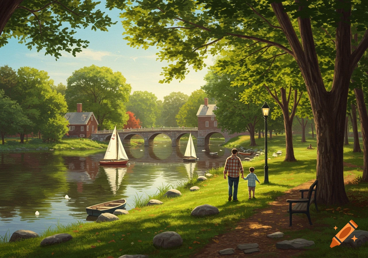 A father and son walk along a river path with sailboats, houses, and trees in a painted style.