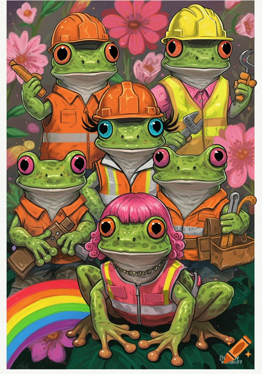 Cartoon frogs wearing construction vests and hard hats hold tools among flowers and a rainbow.