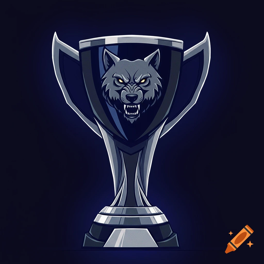 A stylized dark metal trophy with a snarling wolf head emblem on the front.