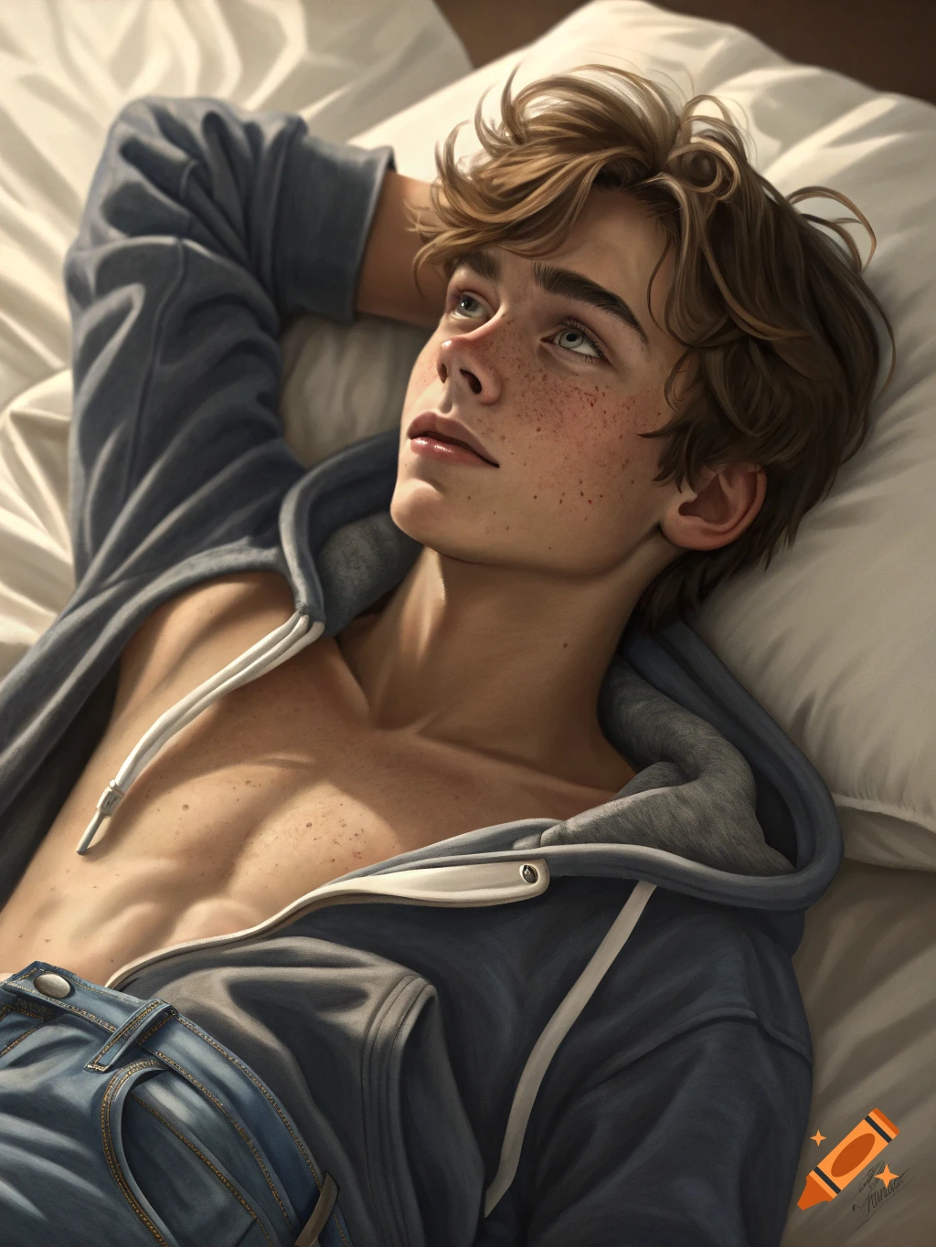 Realistic portrait of a young man with freckles laying shirtless in bed looking up.