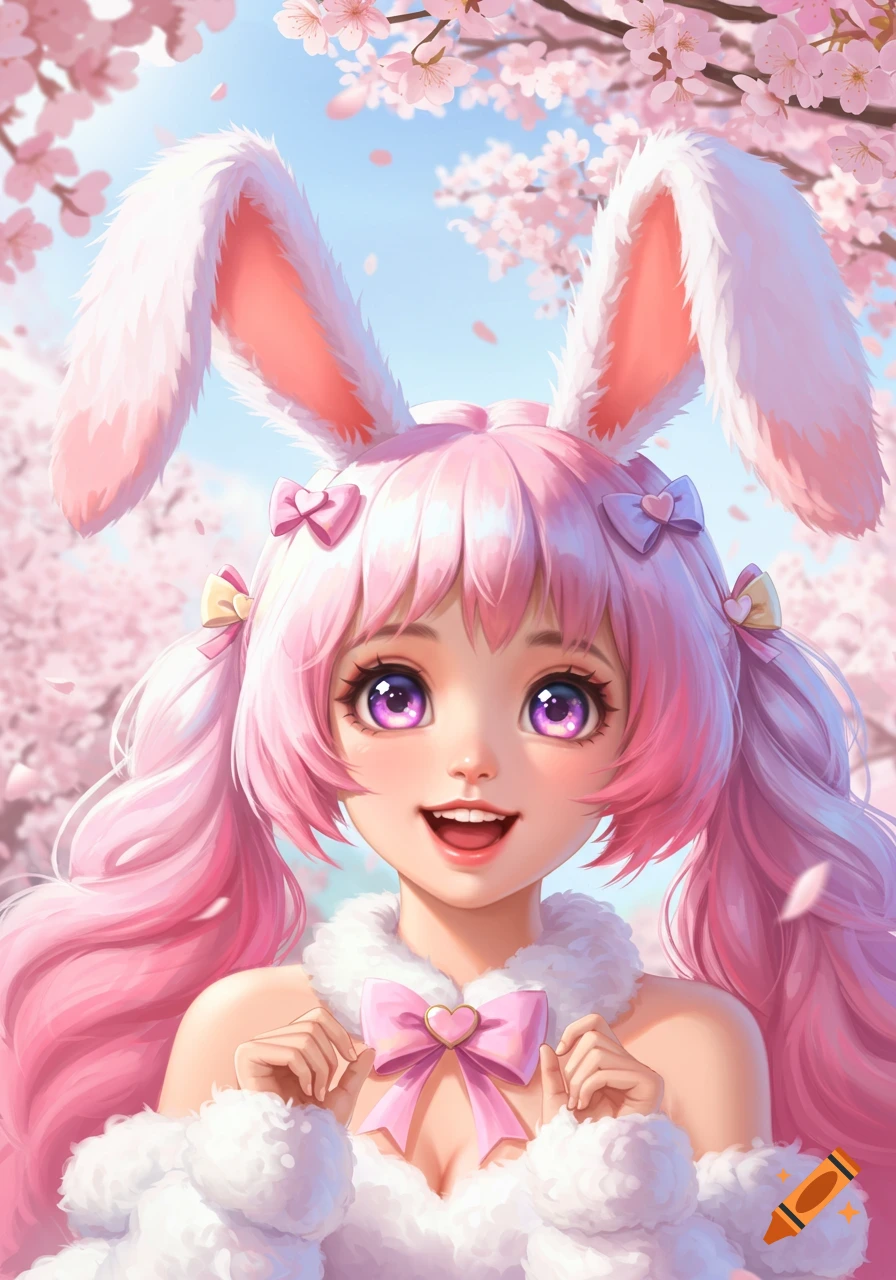 Cute anime girl with pink hair, bunny ears, and a pink bow smiling among cherry blossoms.