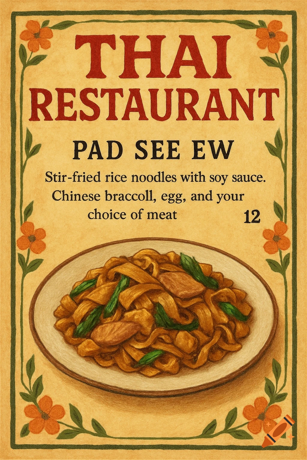 Thai restaurant menu for Pad See Ew, drawn in colored pencil style.