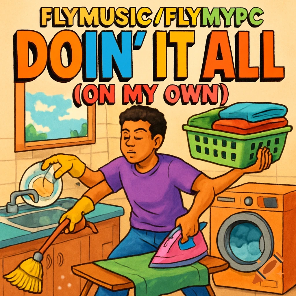 Cartoon illustration of a person doing multiple chores at once, including sweeping, ironing, and carrying a laundry basket. Album cover style.