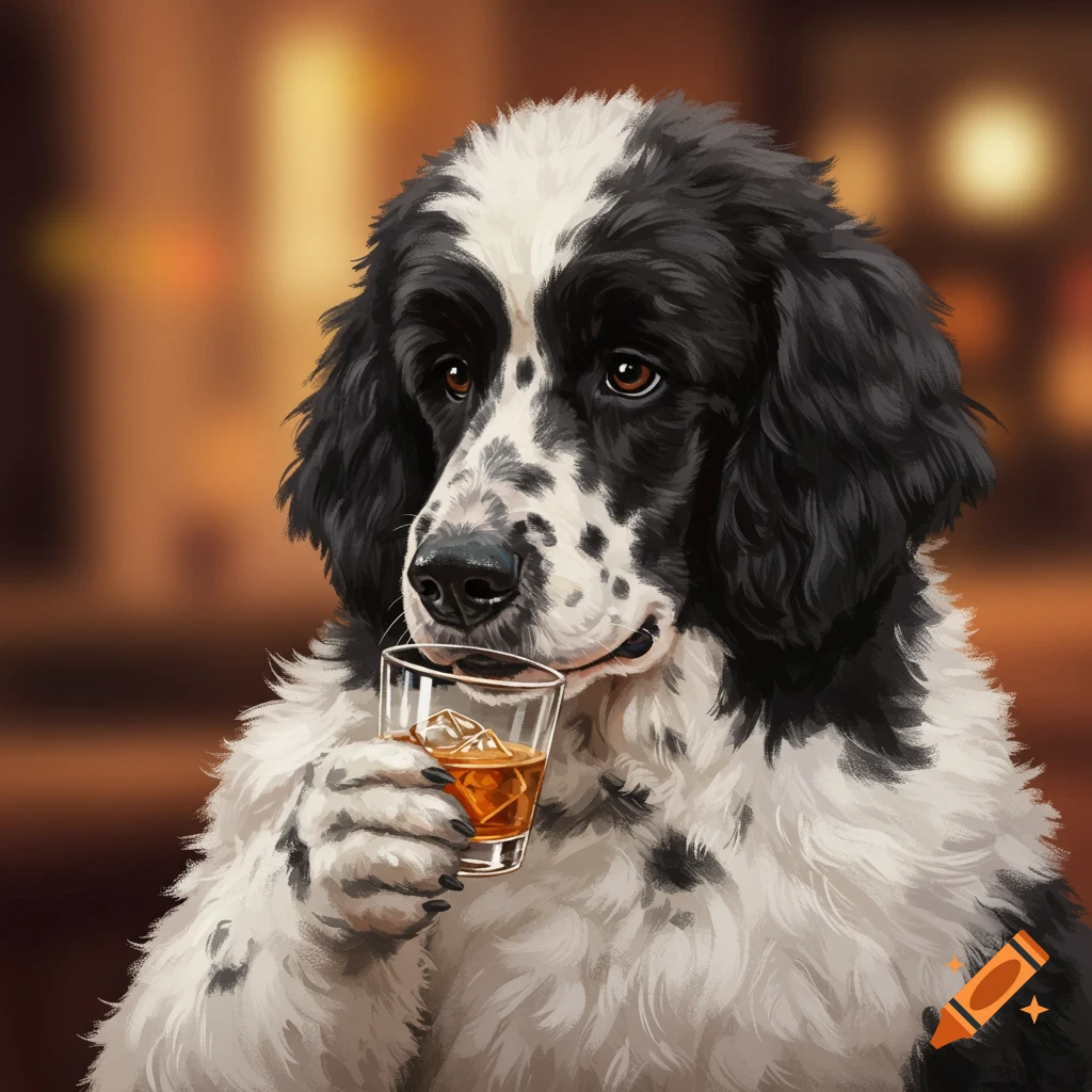 A black and white Newfoundland Poodle dog holding a glass of whiskey.