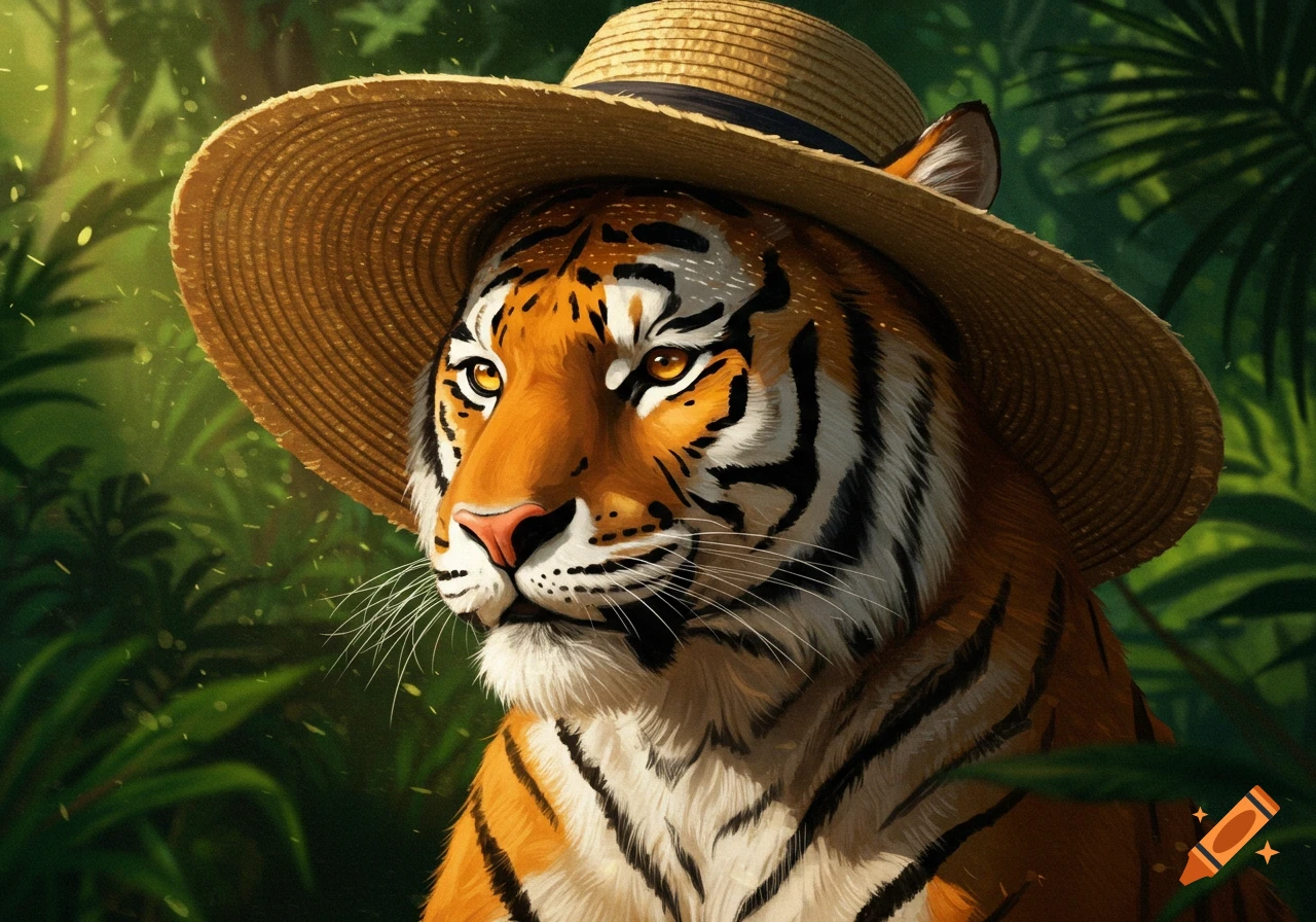A tiger wearing a straw hat sits in a jungle.