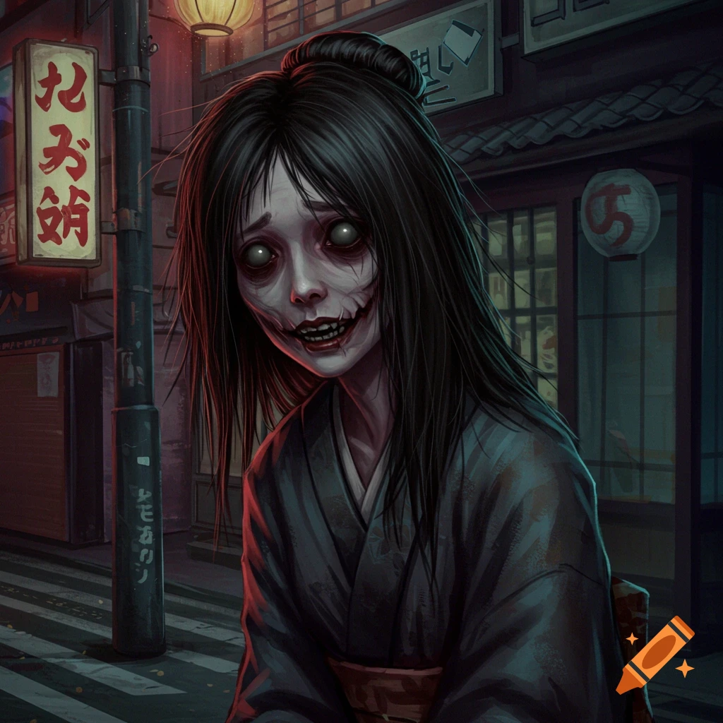 A creepy Japanese woman with pale skin, hollow eyes, and a wide grinning mouth wears a dark kimono on a street at night.
