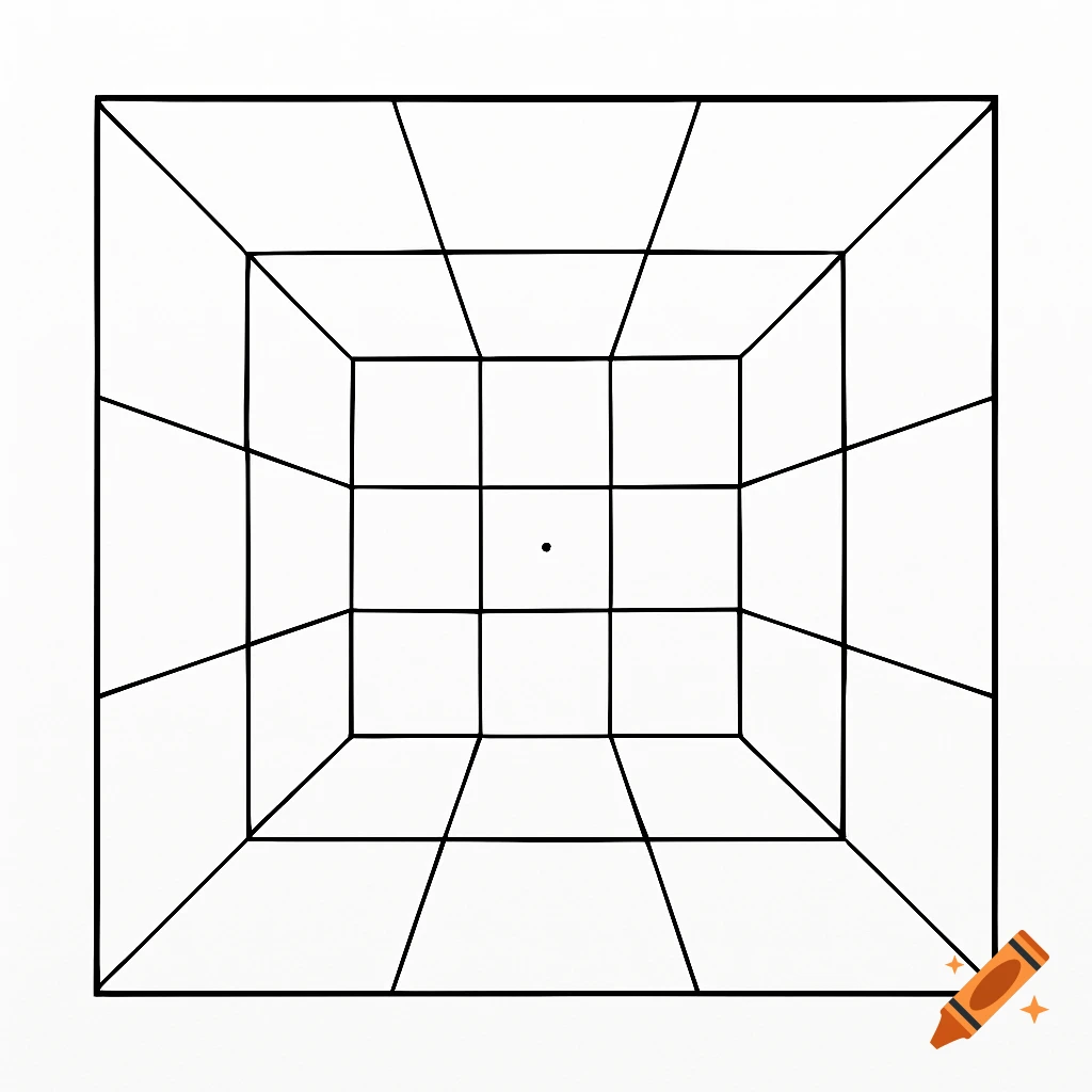 A black and white line drawing showing a grid in one-point perspective.