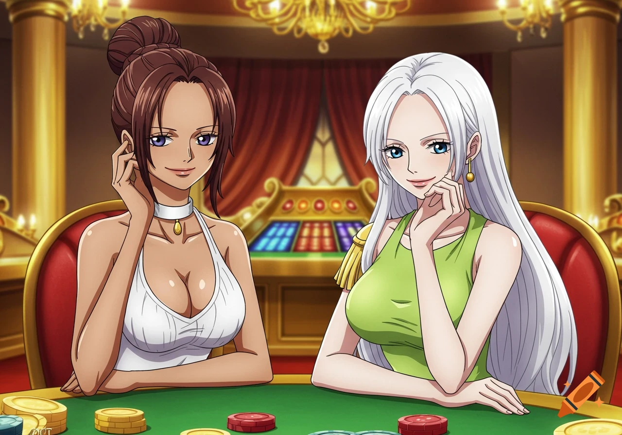 Two anime-style women sit at a green casino table with chips, a roulette wheel and chandelier in the background.