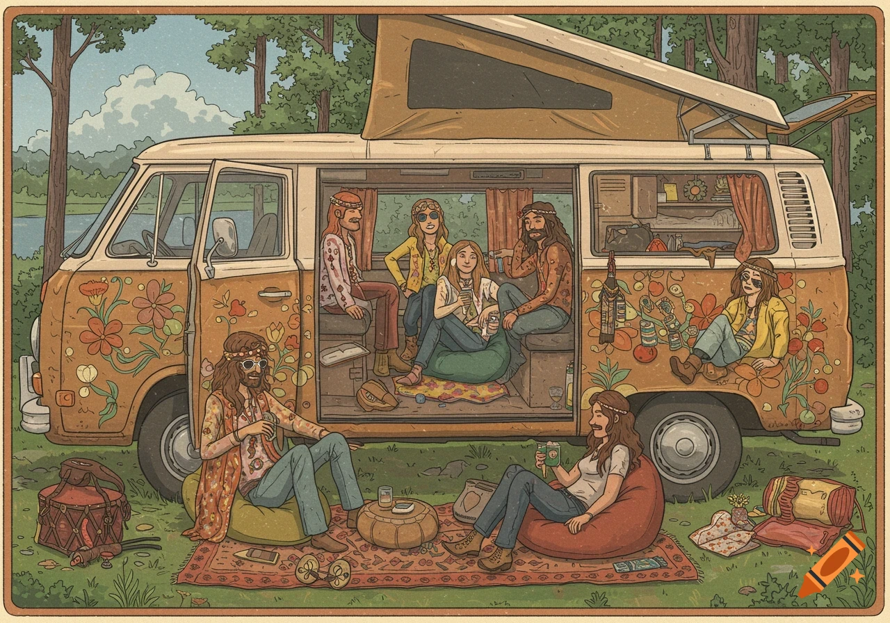 Illustrated scene of hippies relaxing in and around a decorated 70s camper van parked in a forest clearing.