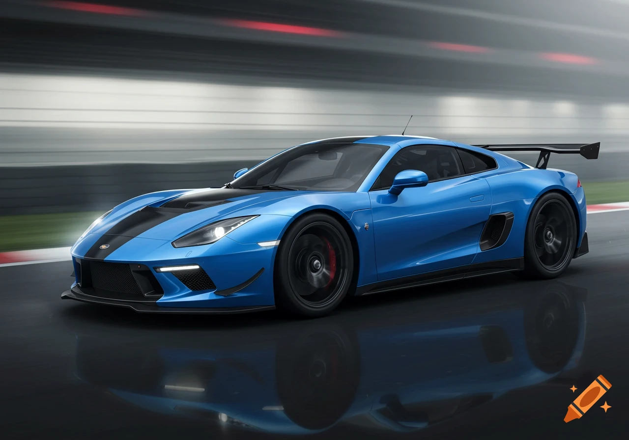 A blue sports car on a track.