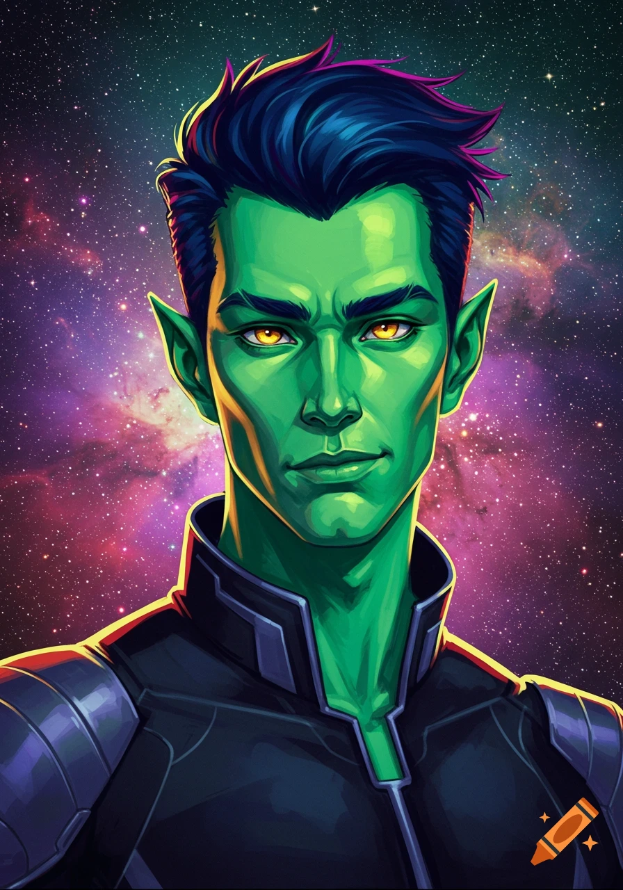 Portrait of a green alien man with pointed ears against a starry space background.