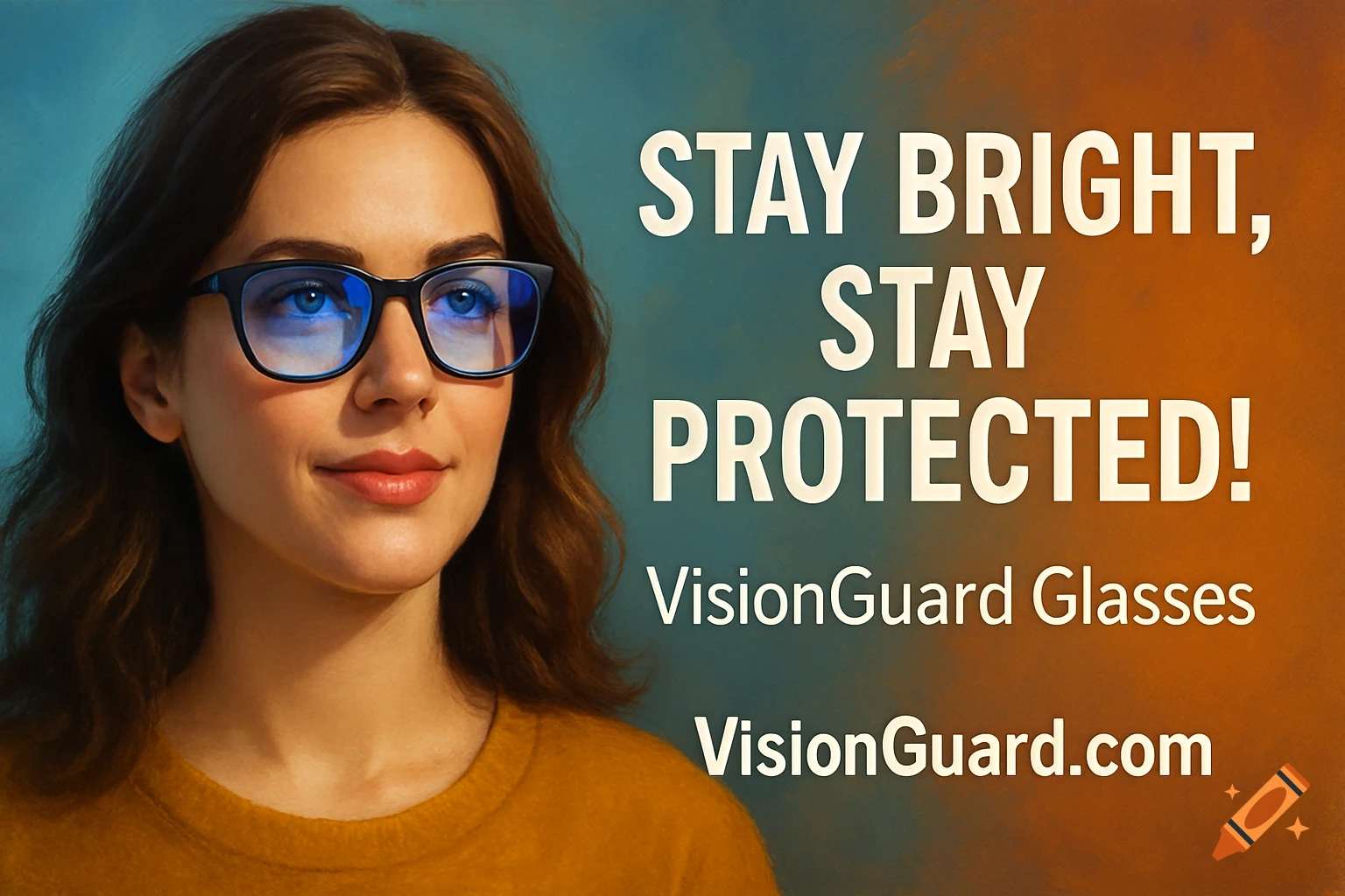 Woman wearing glasses in an ad banner with text.