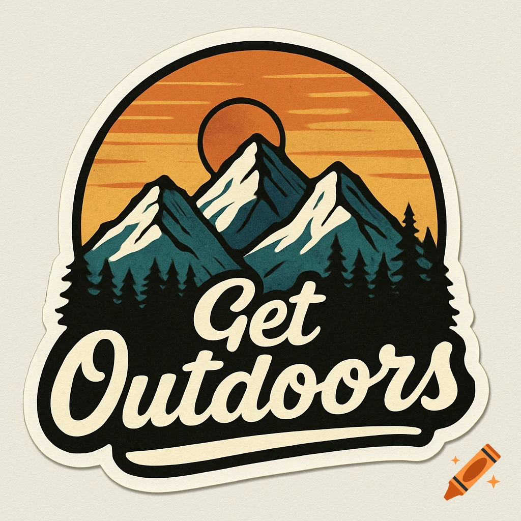 Graphic sticker design with mountains, trees, and sunset, featuring the text 'Get Outdoors'.