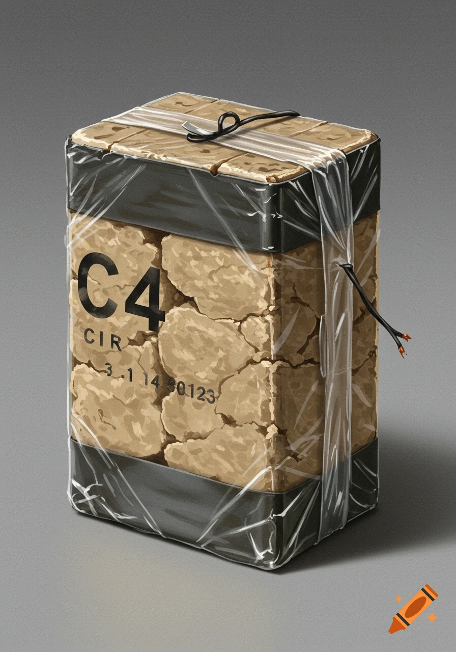 Illustration of a block of C4 plastic explosive wrapped in plastic with detonator wires.