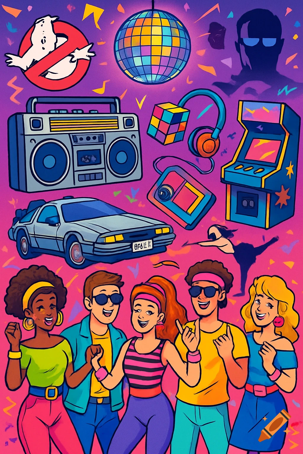 Cartoon illustration with 80s pop culture icons: boombox, DeLorean, disco ball, arcade machine, and people dancing in 80s fashion.