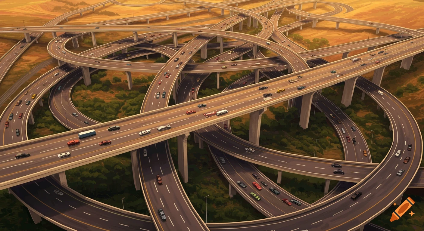 An aerial view of a complex, multi-level highway interchange with numerous cars on the roads.