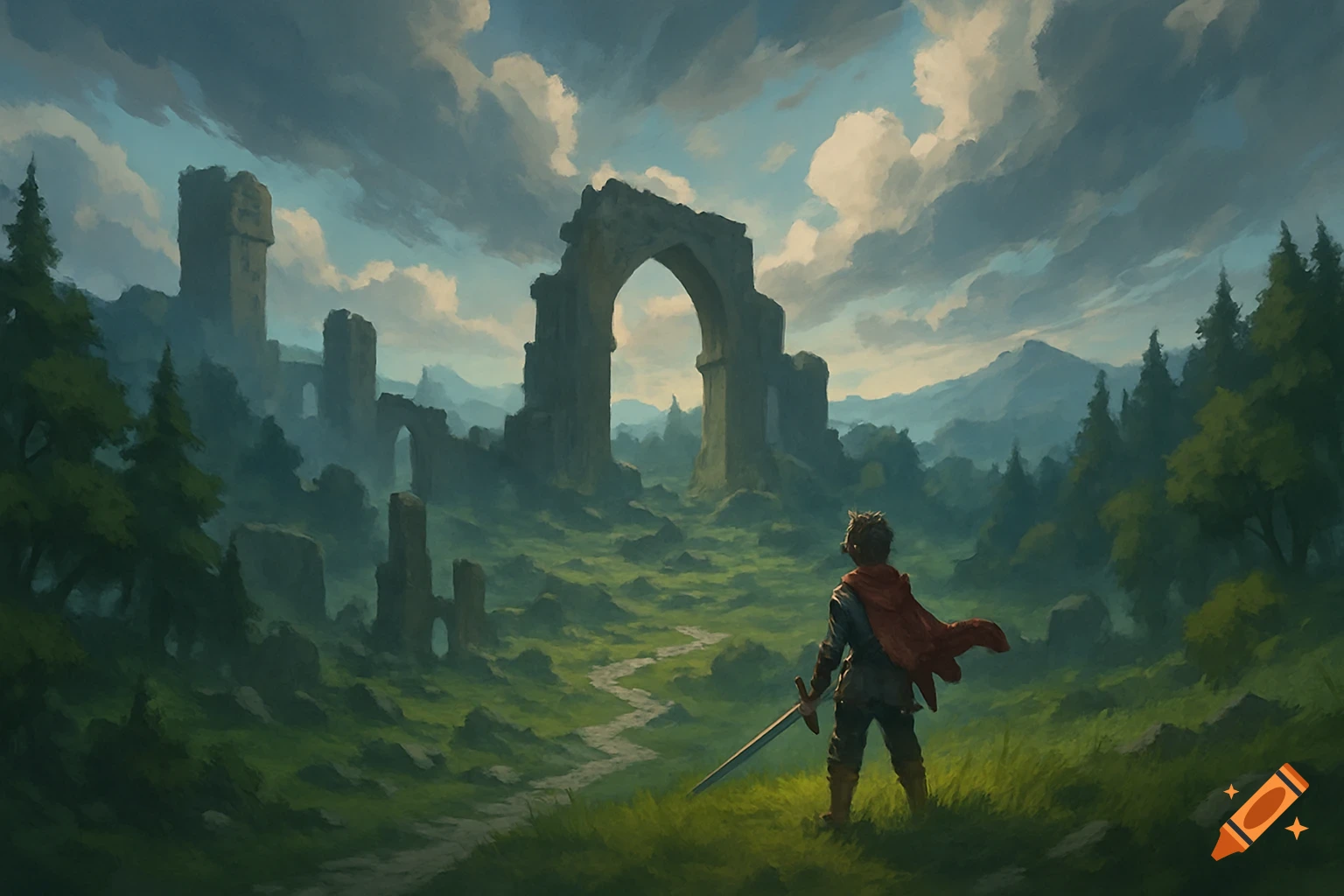 A figure with a sword looks out over a path leading through overgrown ruins in a fantasy landscape painting.