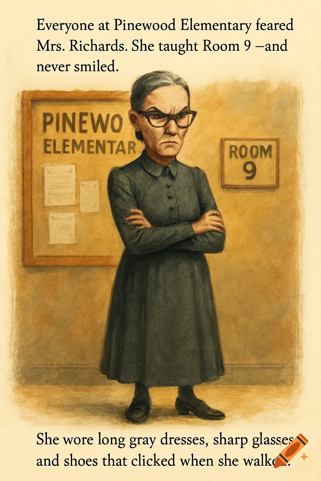 Illustration of a stern teacher standing in a school hallway.