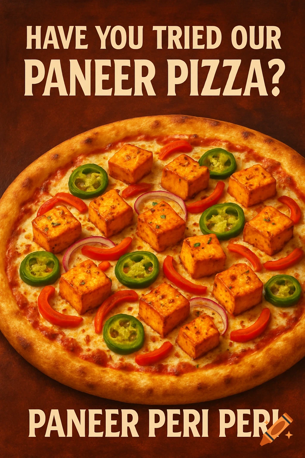 A poster advertising paneer pizza with paneer cubes, jalapenos, and red pepper slices on top. Text reads "Have you tried our Paneer Pizza? Paneer Peri Peri".
