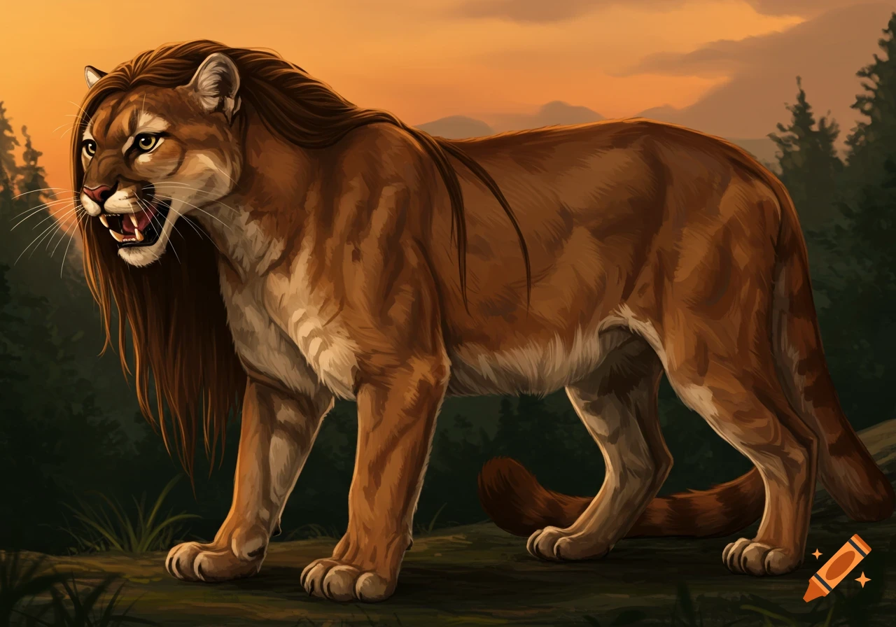A large, brown creature resembling a cougar with long dark hair stands in a forest at sunset. Digital painting.