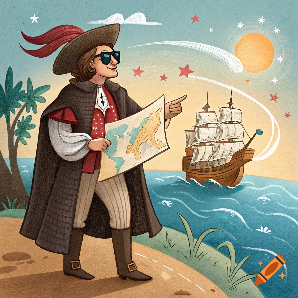 Stylized illustration of Christopher Columbus wearing sunglasses, holding a map and pointing at a ship at sea.
