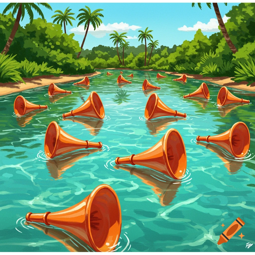 Orange vuvuzelas floating in a tropical river with palm trees on the banks.