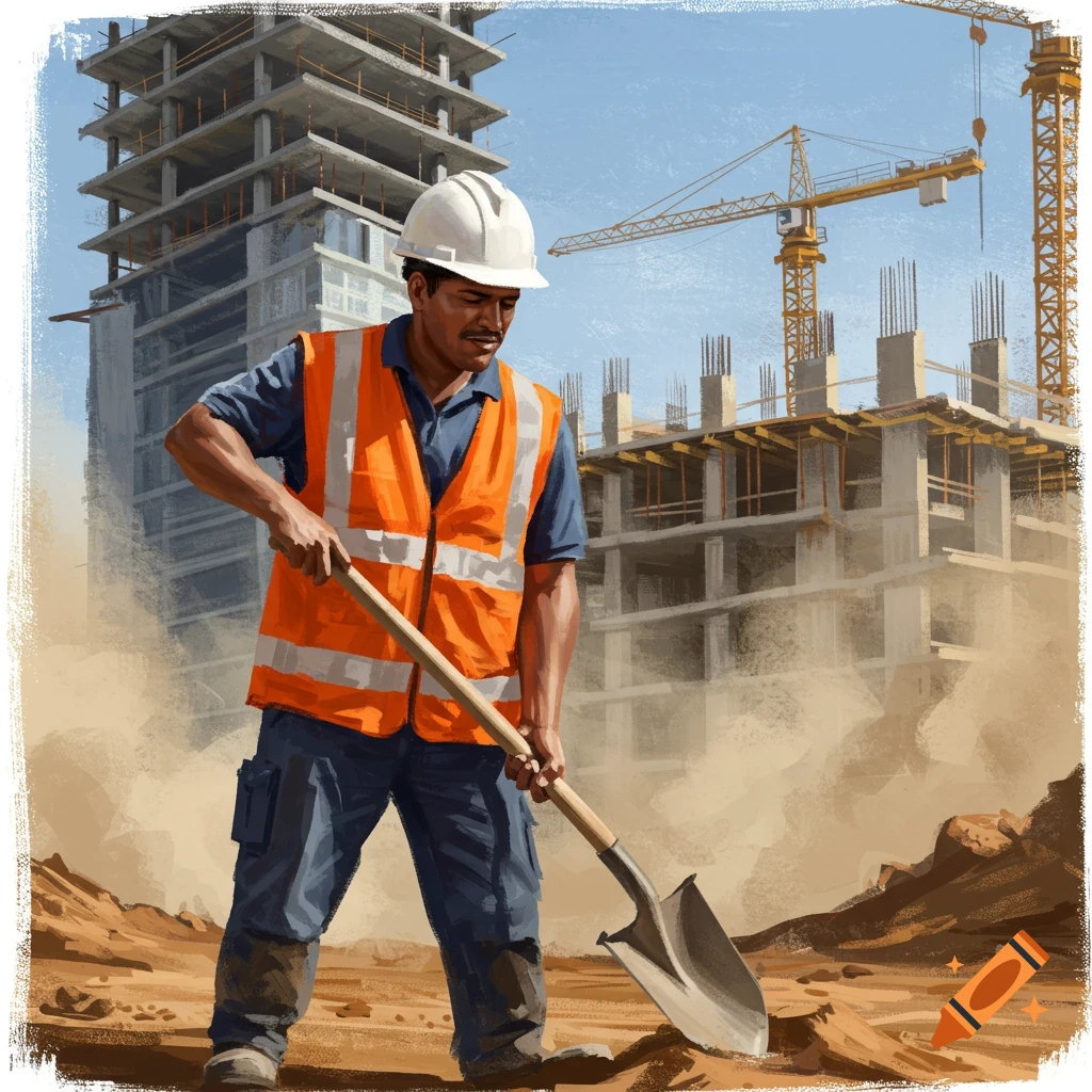 Illustration of a construction worker shoveling dirt at a building site with cranes in the background.