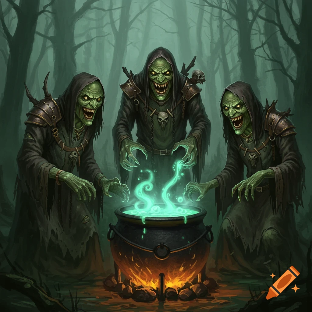 Three green-skinned witches in hooded robes with sharp teeth and glowing eyes gather around a bubbling cauldron in a dark forest.