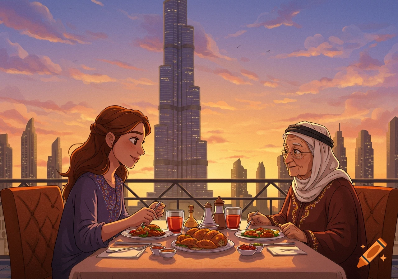 Illustration of two women eating dinner on a rooftop with the Burj Khalifa and Dubai skyline at sunset.