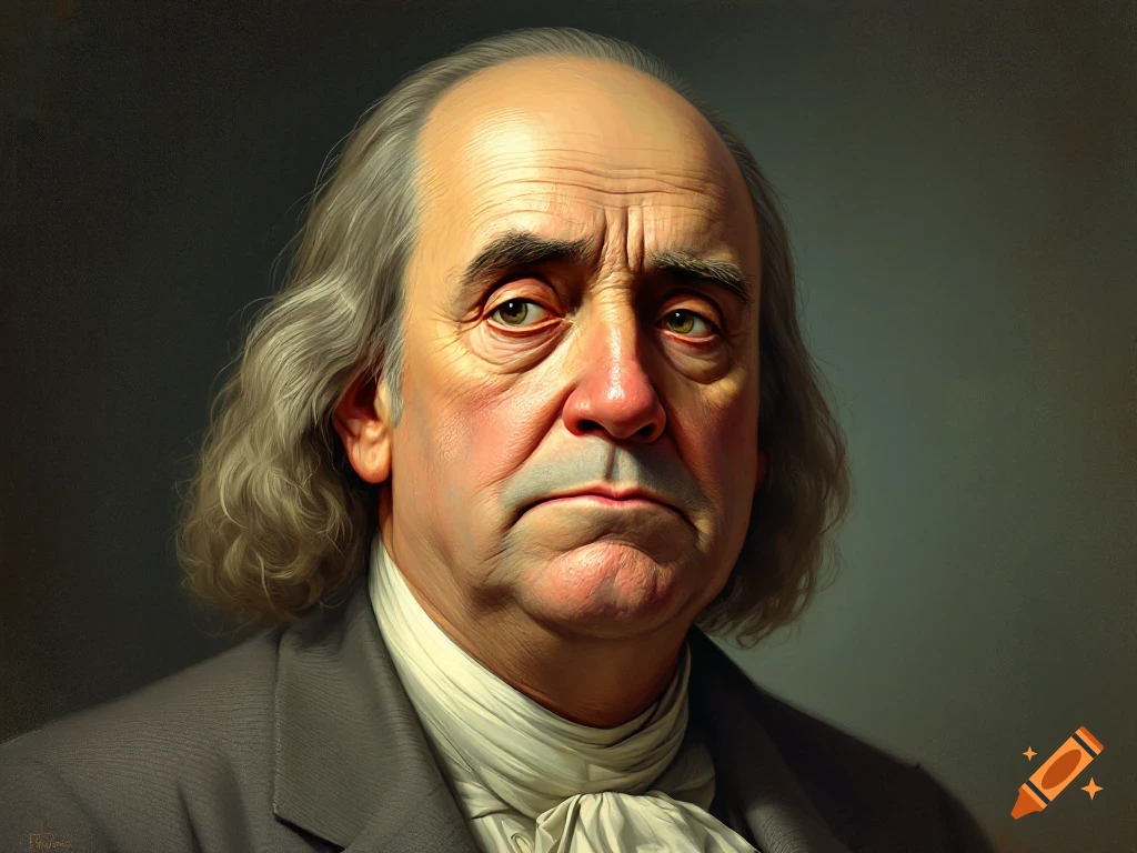 A realistic painting portrait of Benjamin Franklin frowning