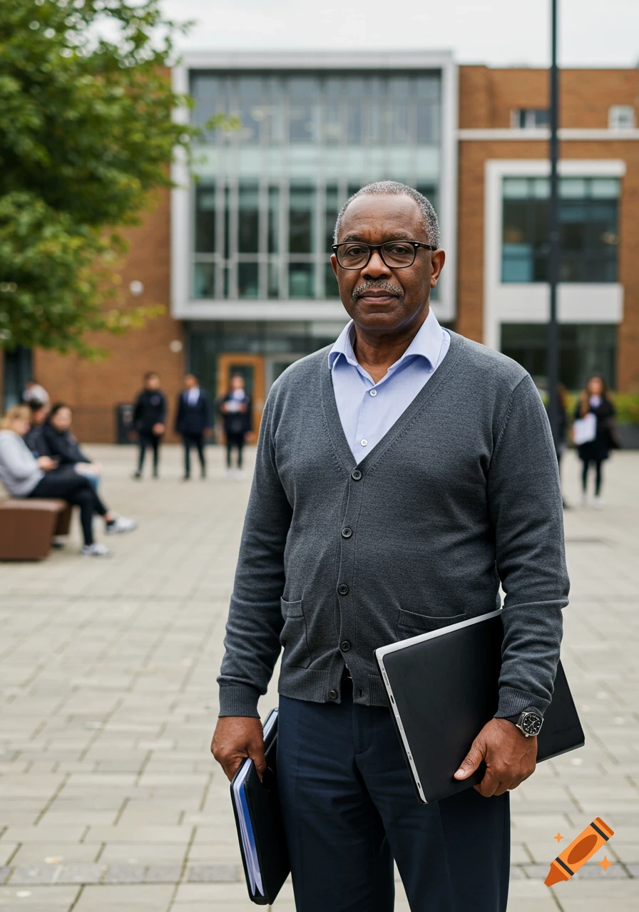 Middle-aged Black man standing on a college campus holding a laptop and notepad.