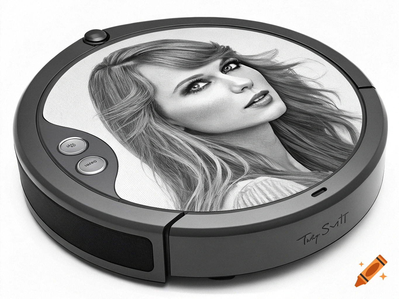 Taylor Swift's face on the top of a Roomba vacuum cleaner.