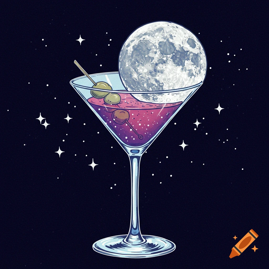 Illustration of a martini glass with a full moon as a garnish against a starry space background.